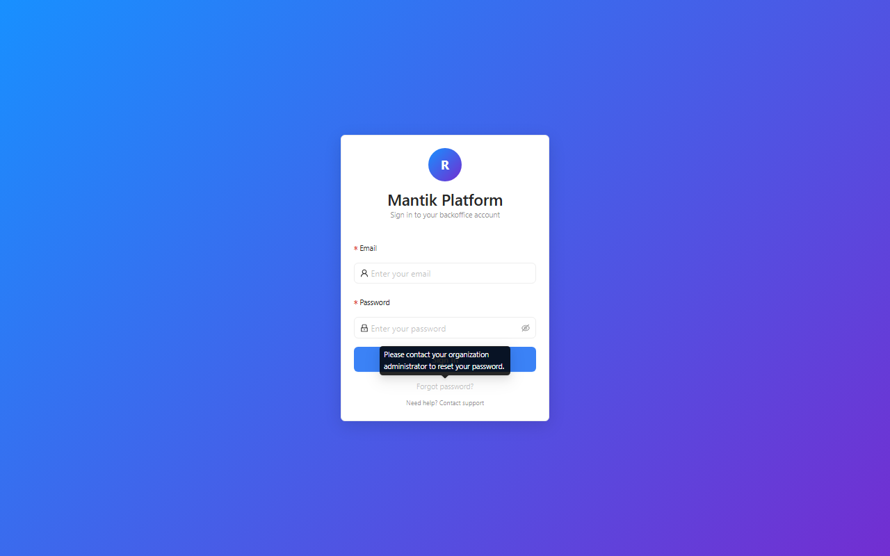 Nút Forgot password đã disable, hover hiện tooltip hướng dẫn liên hệ admin