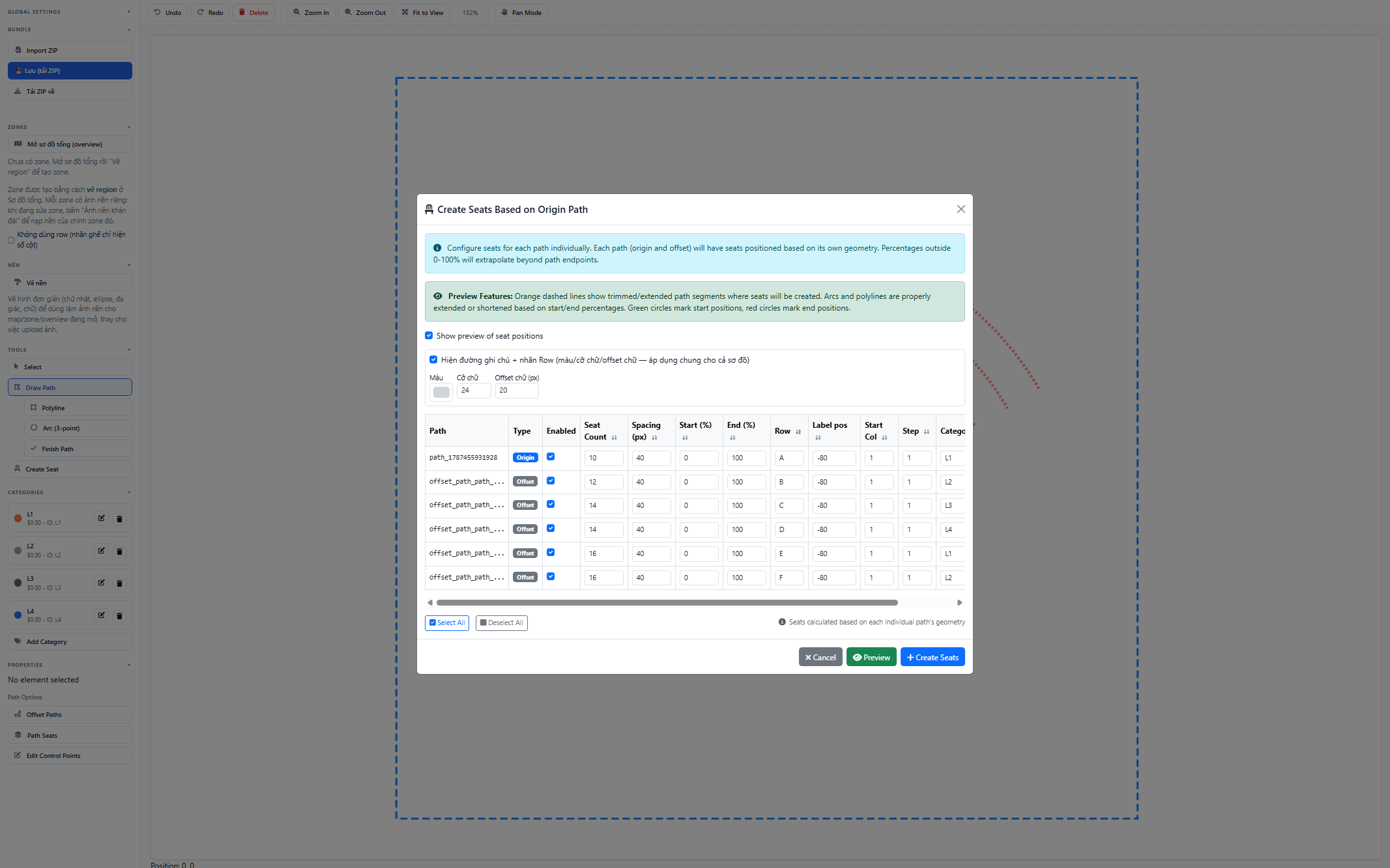 Dialog Create Seats với checkbox nhãn Row đã tick