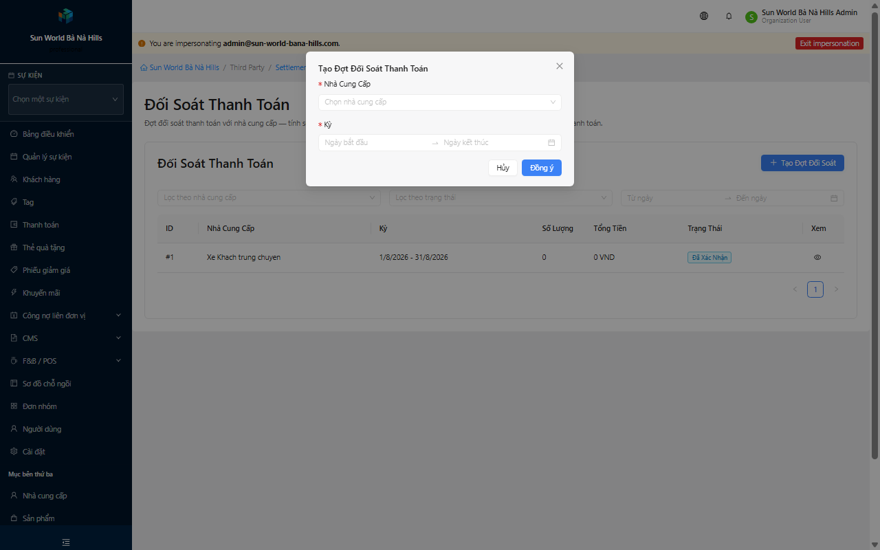 Modal tạo đợt đối soát
